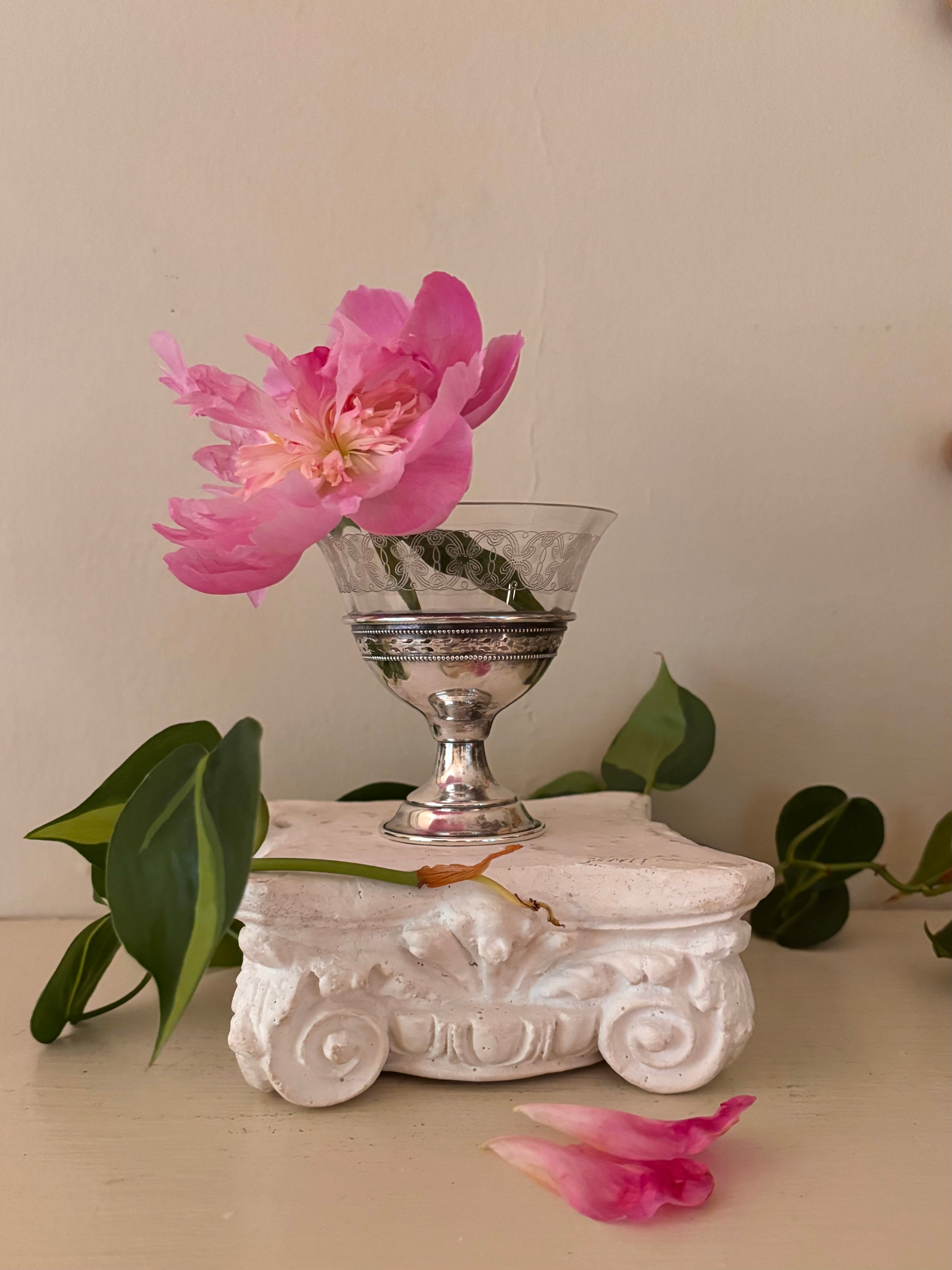 Footed compote with clear etched glass bowl and polished sterling silver pedestal base, scroll etching around bowl rim.