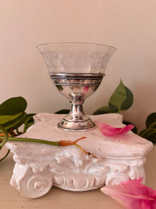 Front view of sterling silver and etched glass compote showing beaded collar, pierced silver band, and pedestal foot.