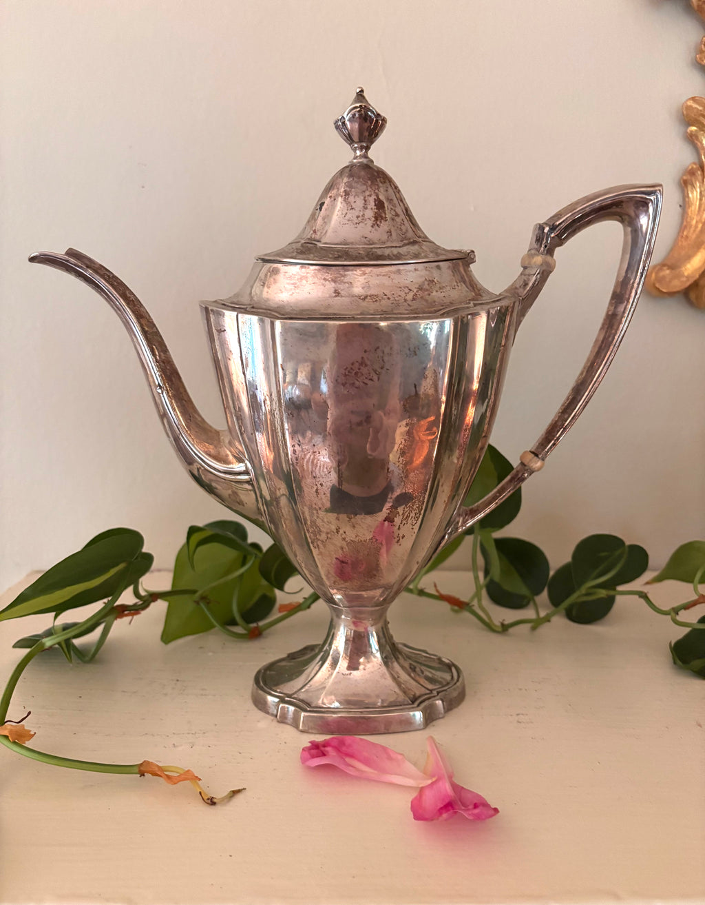 Silver-plate coffee pot with paneled body, long curved spout, and curved handle with bone insulators.