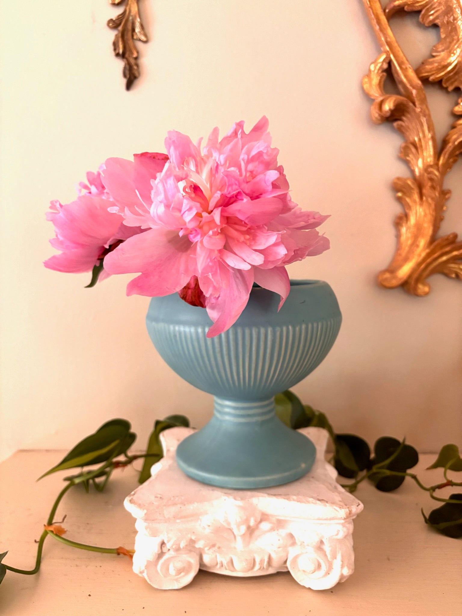 Vintage McCoy teal ribbed pedestal compote, matte glaze, angled view showing bowl and pedestal.