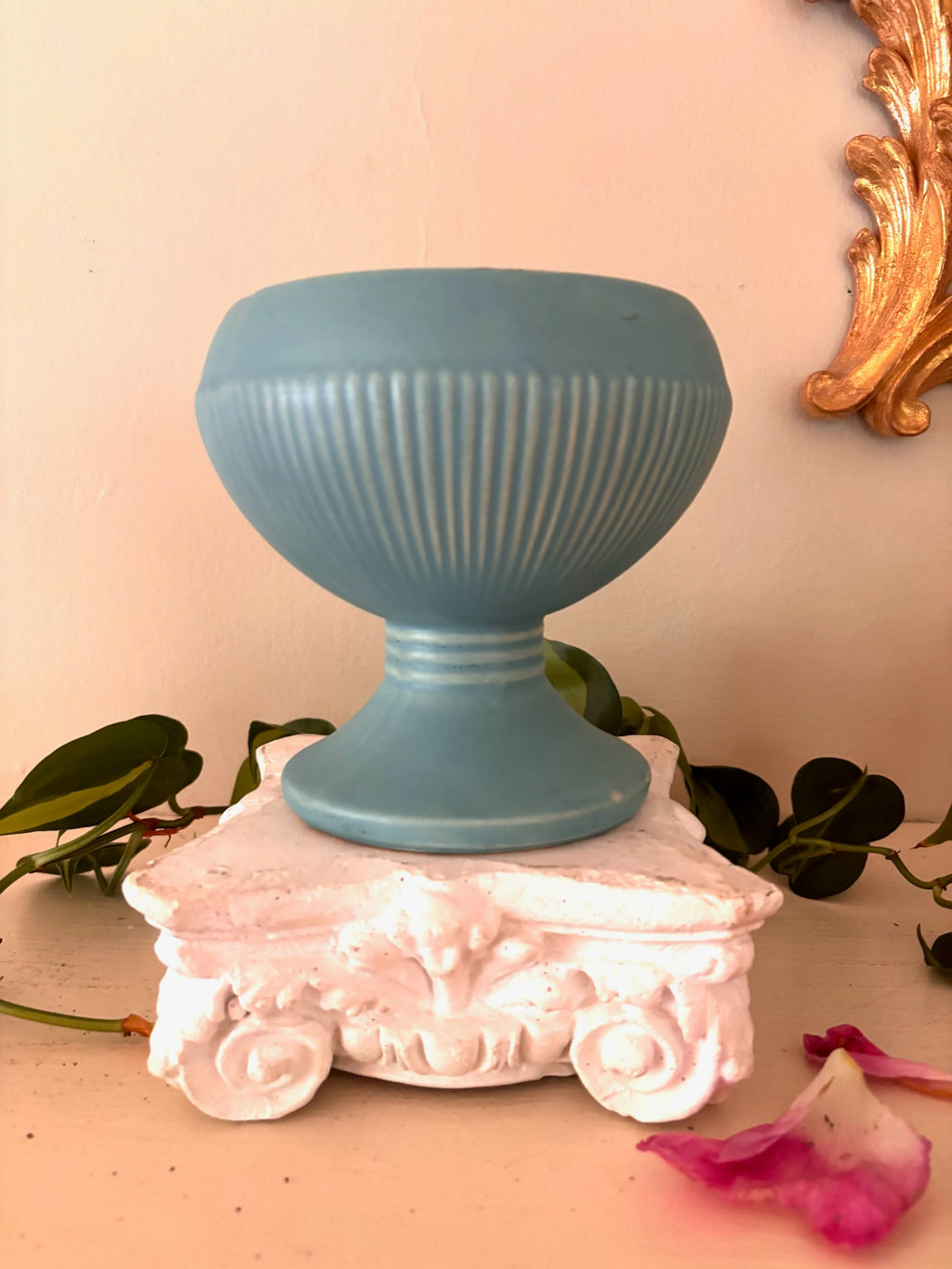 Vintage McCoy teal ribbed pedestal compote, matte glaze, angled view showing bowl and pedestal.