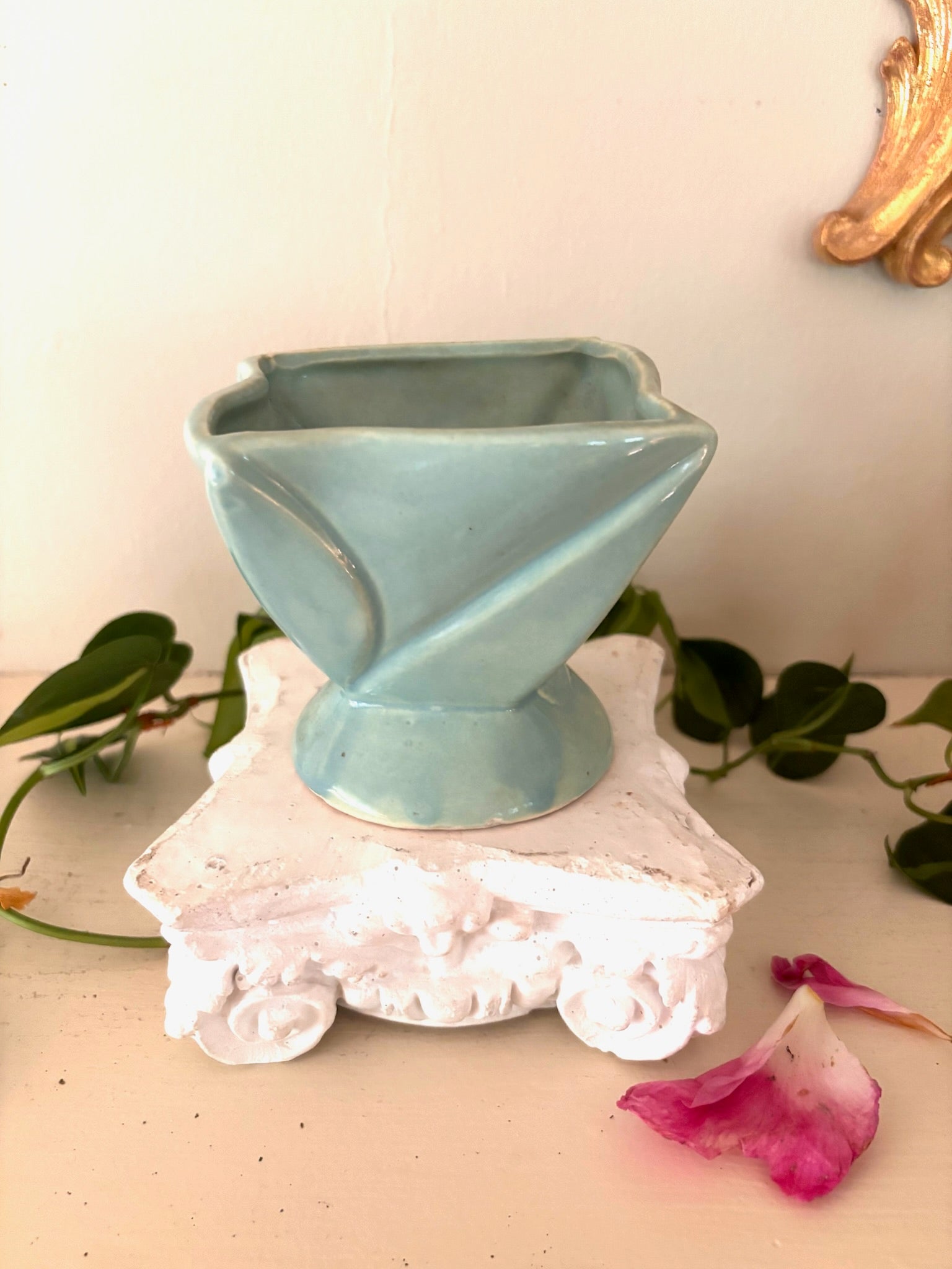 Full view of vintage American art pottery vase with geometric faceted sides and mint glaze.