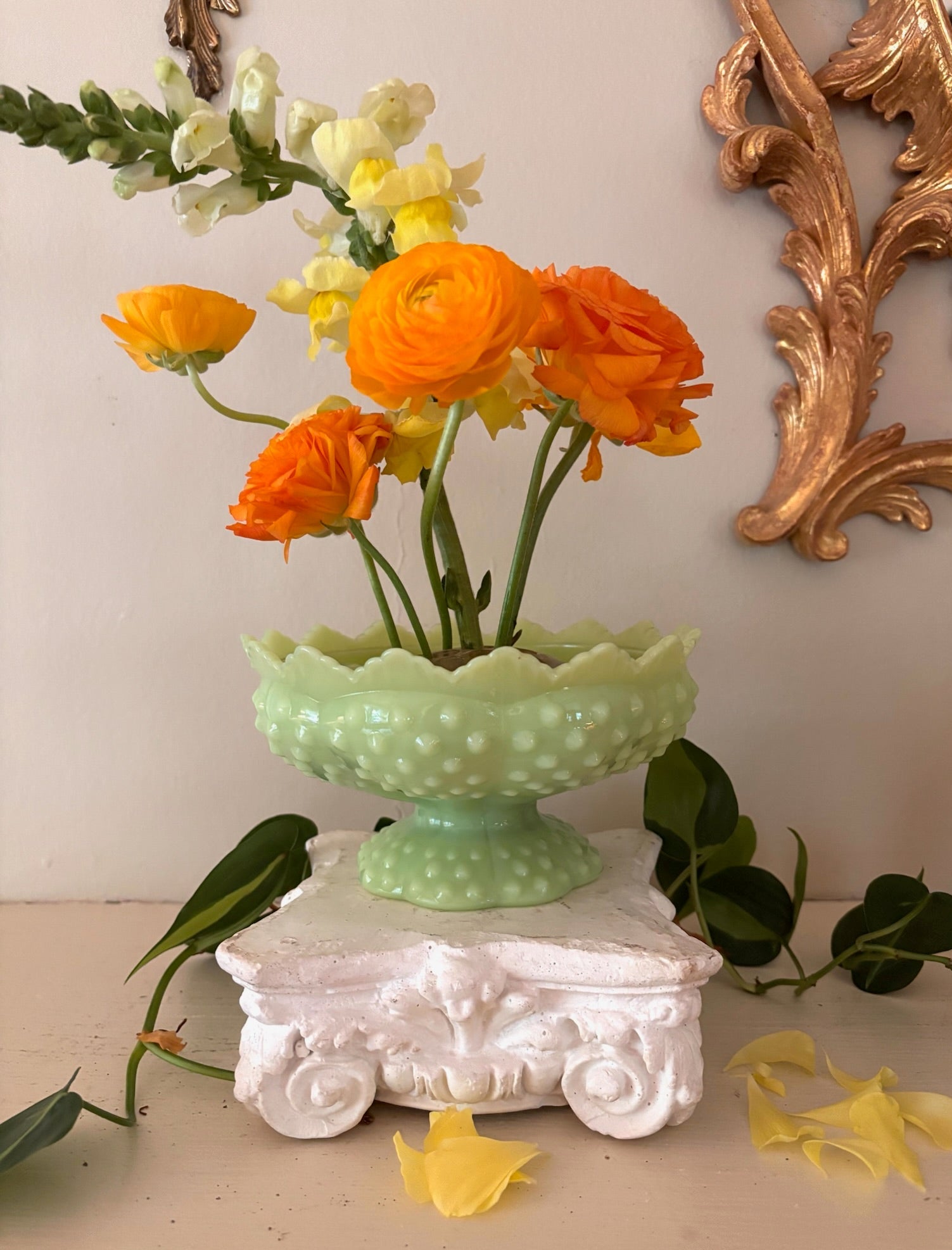Fenton jadeite hobnail pedestal compote with scalloped rim and hobnail texture on bowl and base.