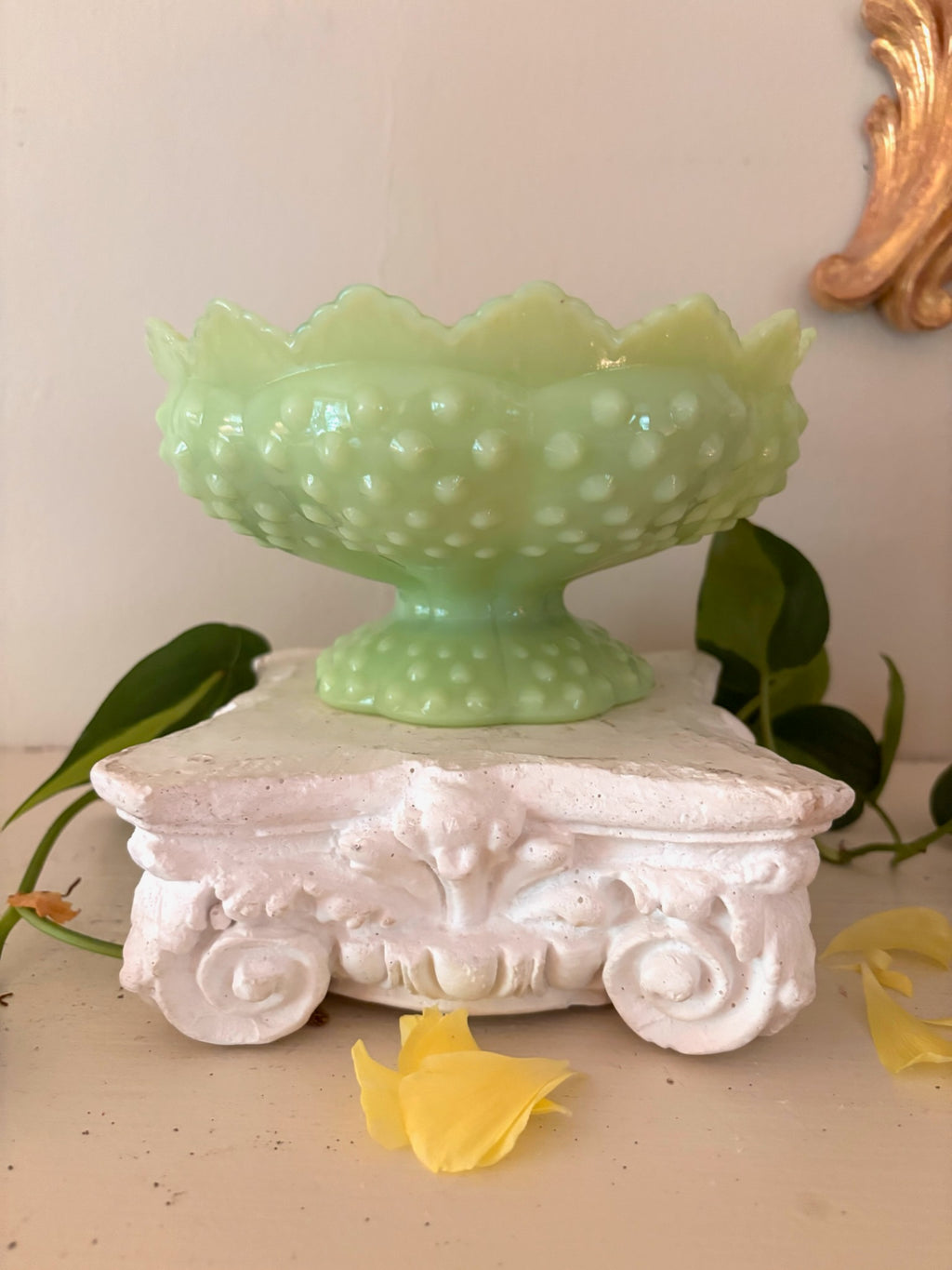 Full view of jade green Fenton hobnail compote on footed pedestal, scalloped crimped edge.