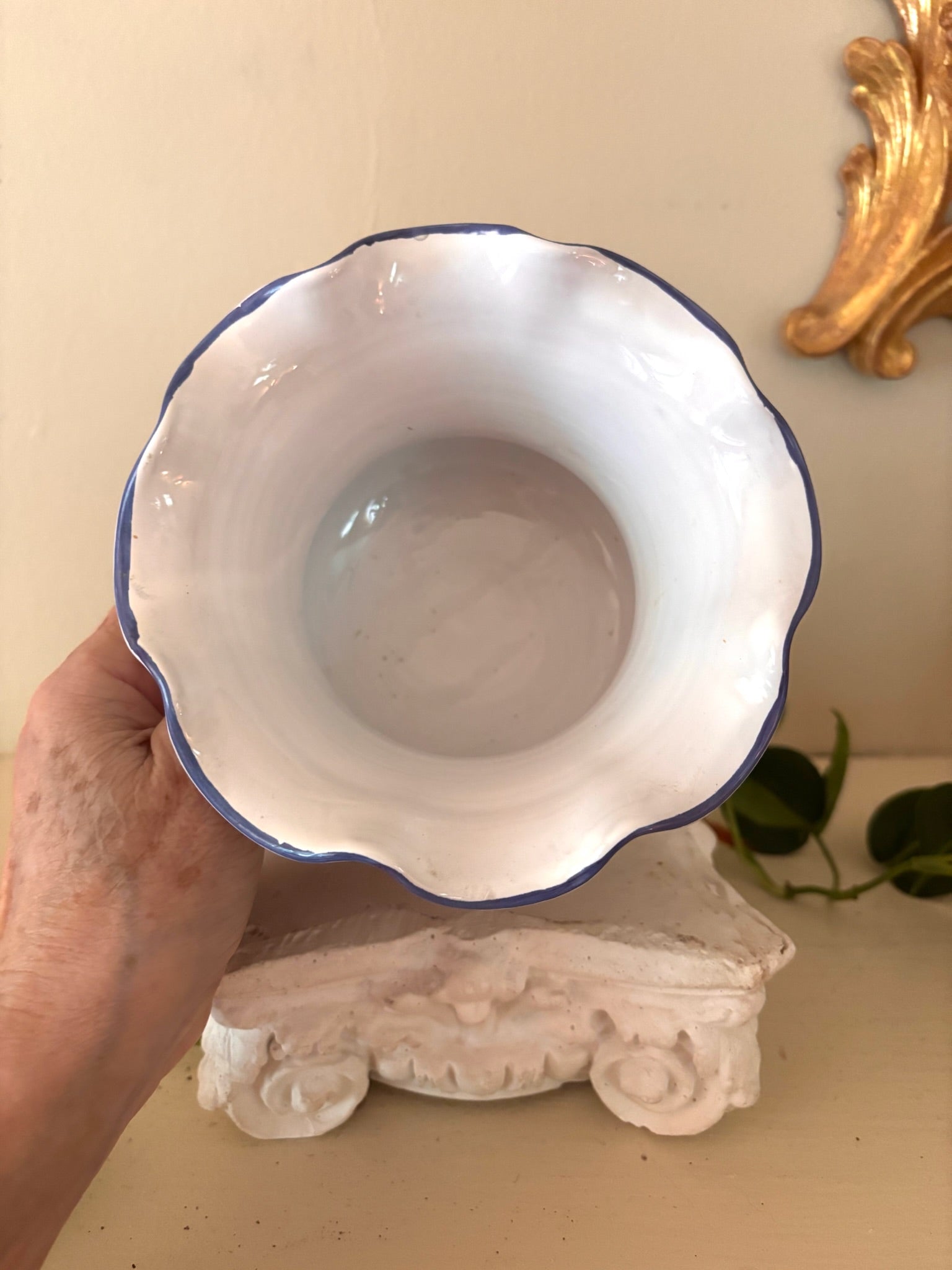  Interior of wide-mouthed Italian ceramic cachepot showing white glaze and scalloped blue rim.