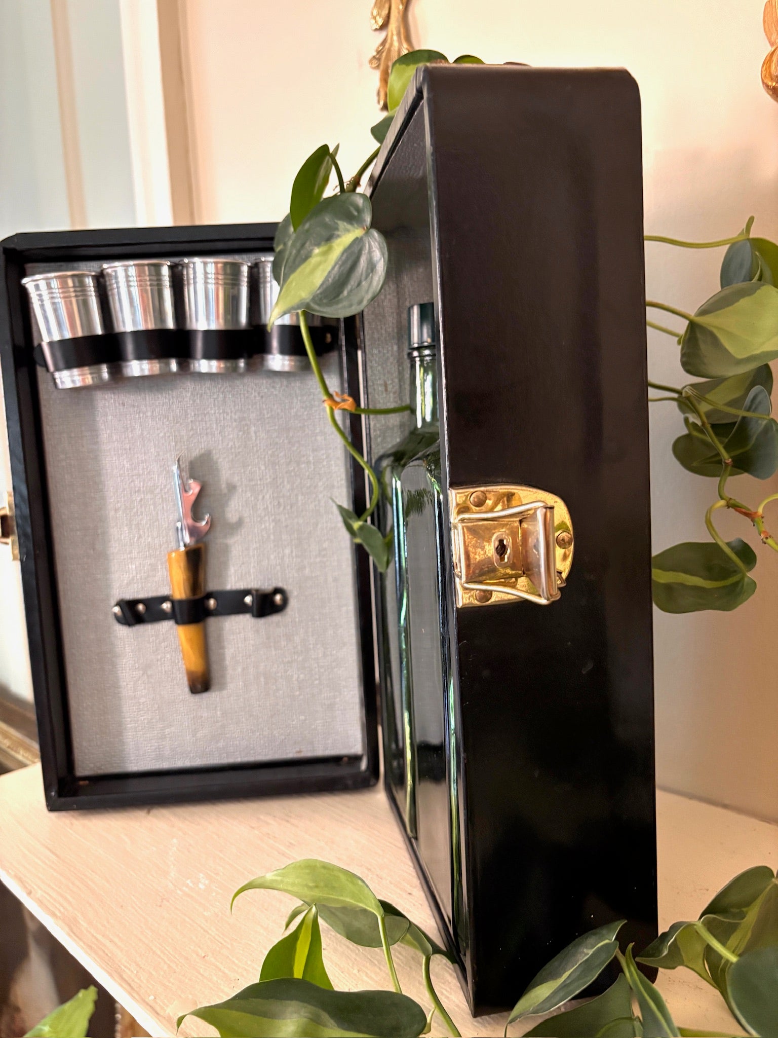 Black travel bar case standing upright with brass swing handle and front brass latch.