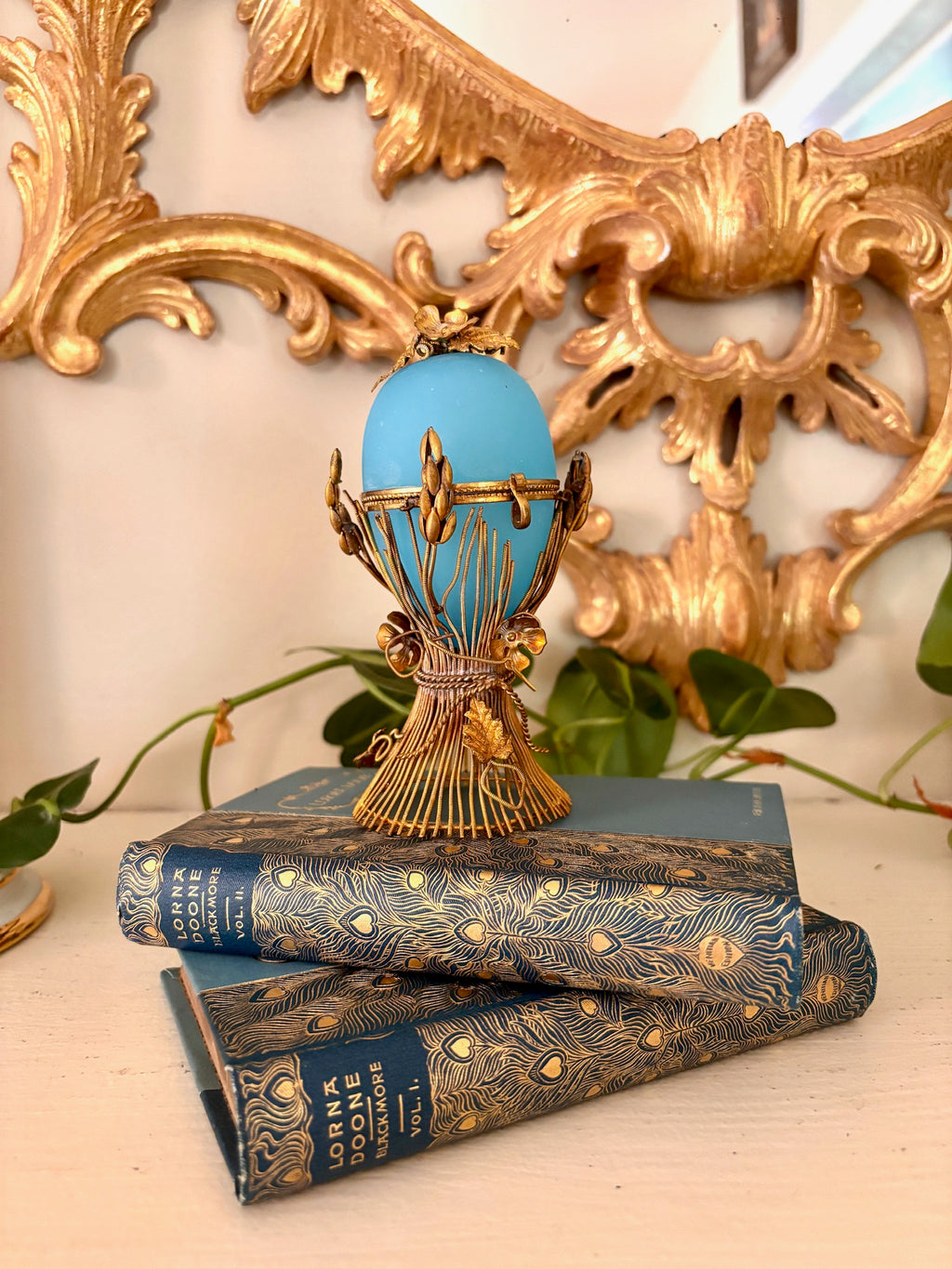 Antique Blue French Opaline Egg on Gilt Stand