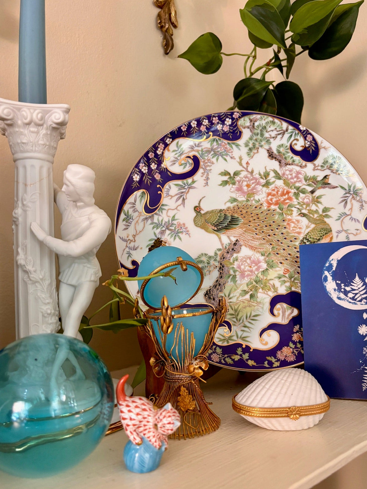Antique French Blue Opaline Egg on Gilt Stand