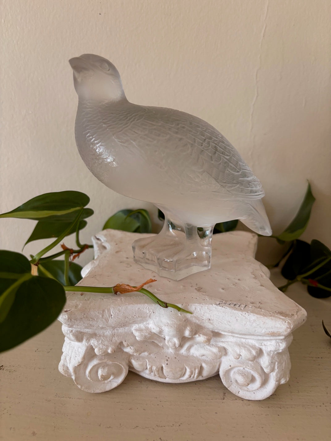 Signed Lalique France frosted crystal quail or partridge figurine with finely etched feather detail and polished clear base, authenticated by engraved signature
