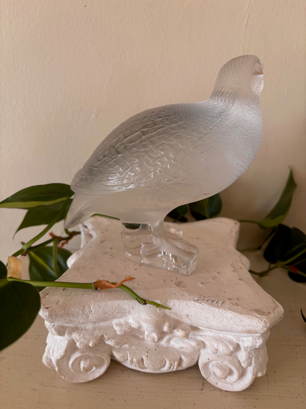 Signed Lalique France frosted crystal quail or partridge figurine with finely etched feather detail and polished clear base, authenticated by engraved signature (rear view)