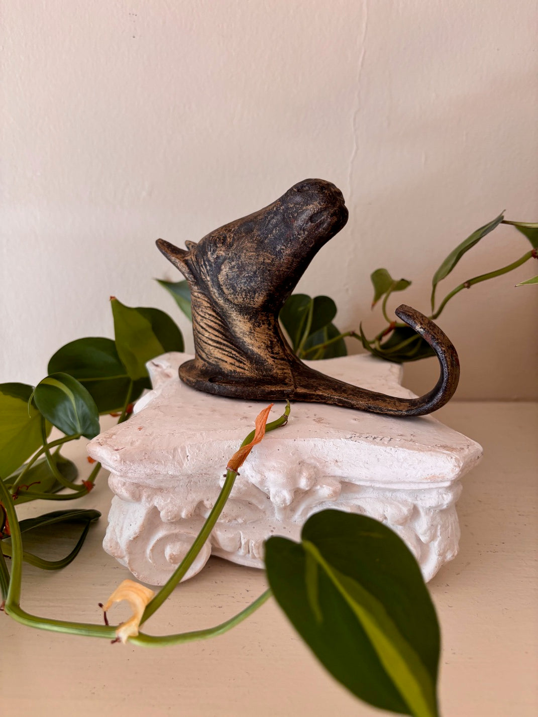 Antique cast iron horse head wall hook with upward-tilting muzzle, etched mane detail, and curved iron hook, with dark aged patina worn to warm brown at the edges