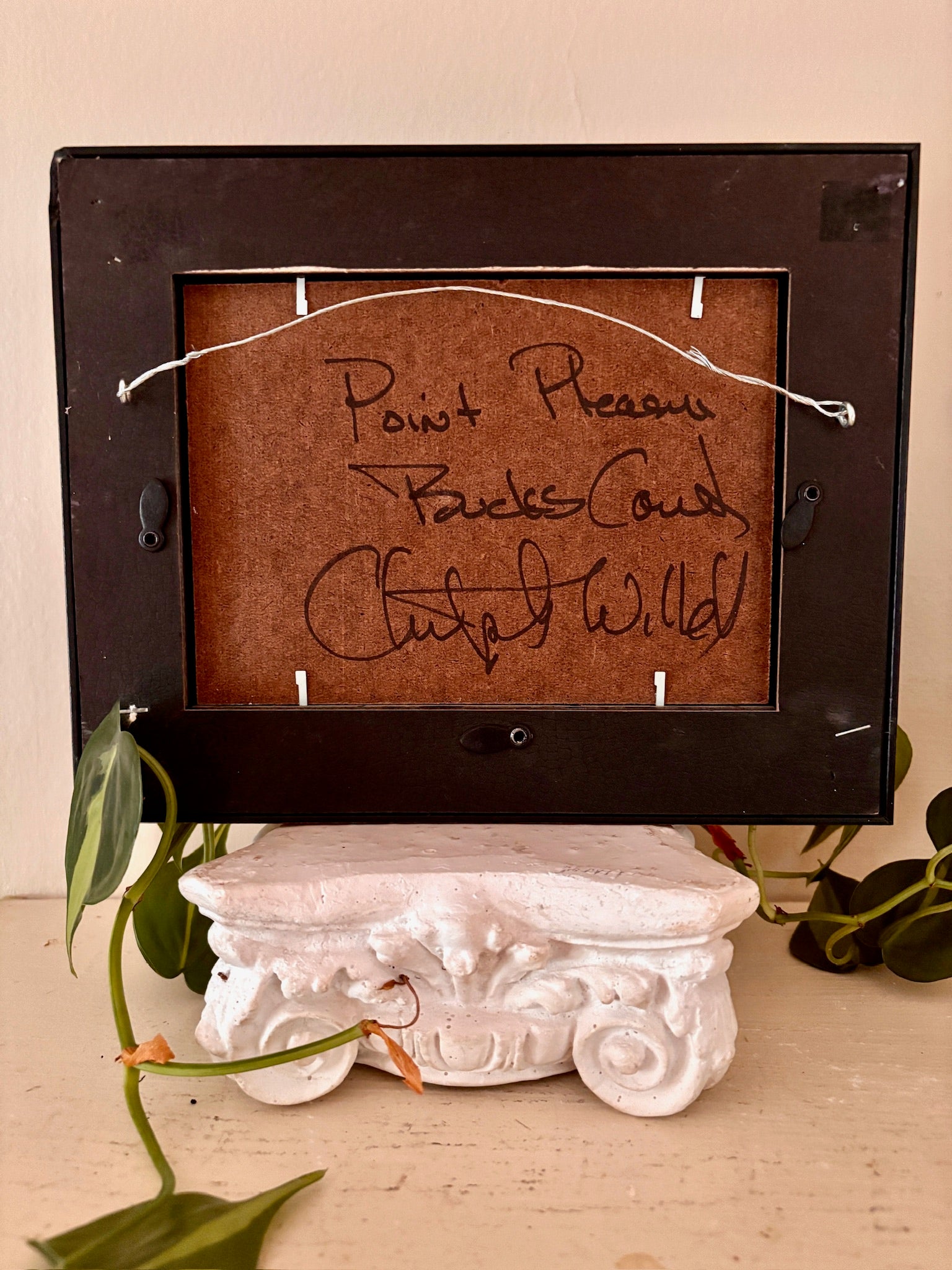 Back of a framed oil painting inscribed by hand with "Point Pleasant, Bucks County" and the artist's signature.